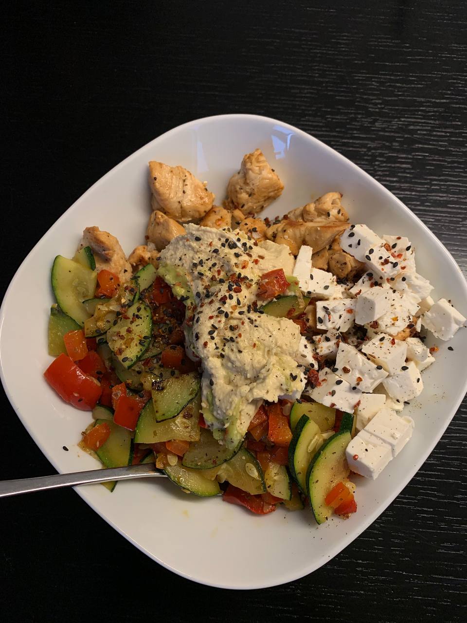 Grilled Chicken And Vegetable Plate With Feta And Tzatziki