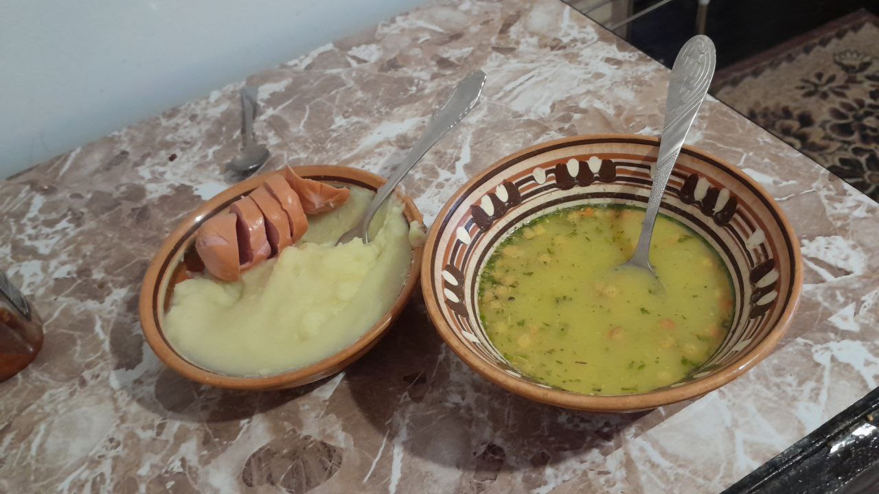 Mashed Potatoes with Sausages and Vegetable Soup