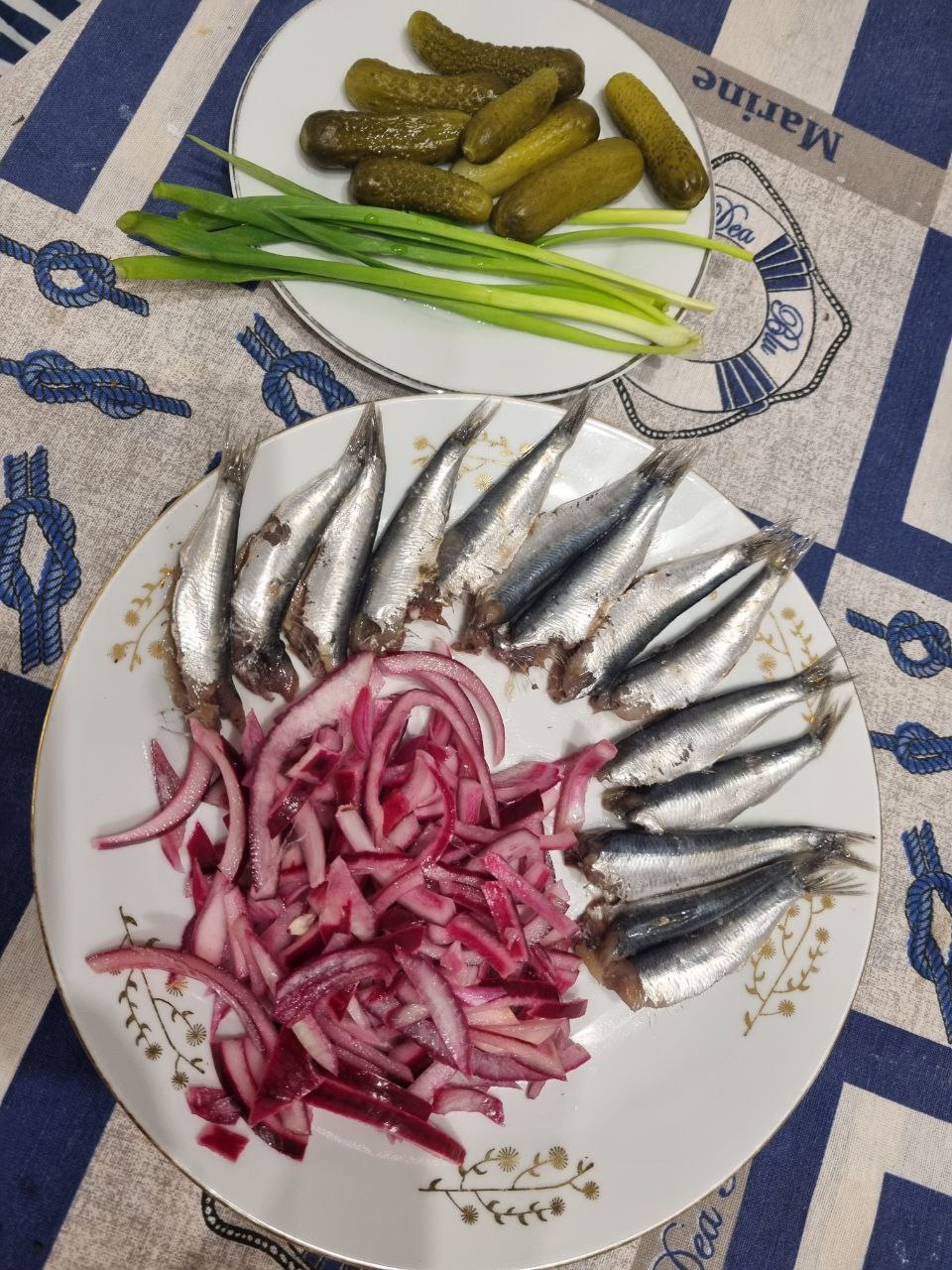 Preserved Fish with Pickled Onions and Gherkins