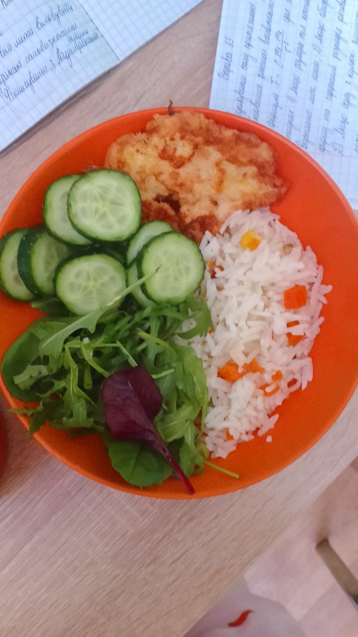 Breaded Fried Meat Schnitzel With Vegetable Rice And Salad