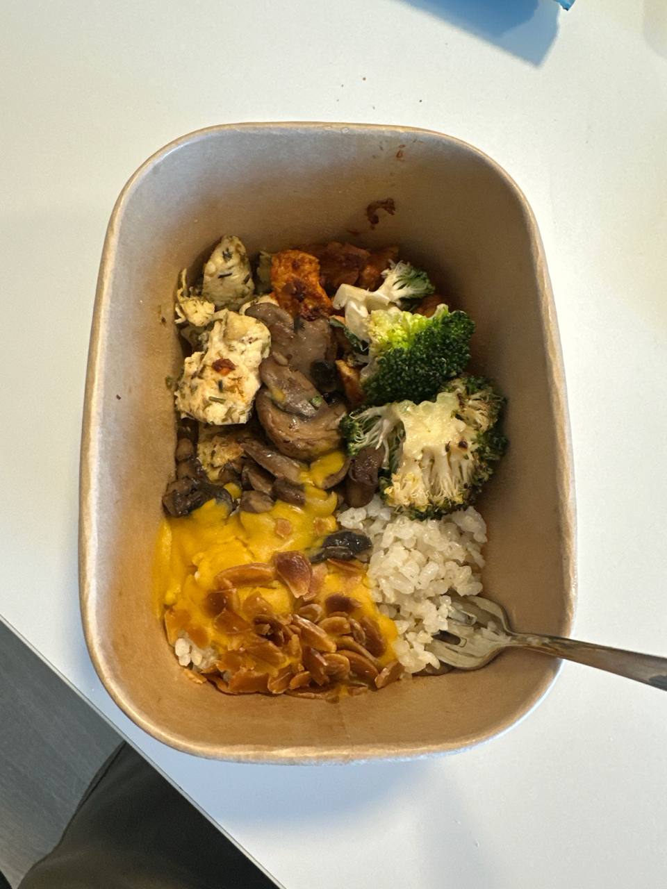 Custom Prepared Bowl With White Rice, Grilled Chicken, Broccoli, Mushrooms, And Cheese Sauce