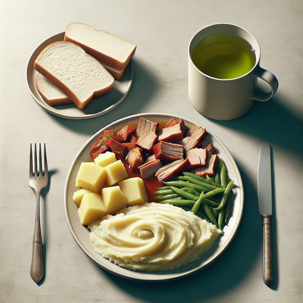 Mashed Potatoes 200 Grams, Stewed Pork 130 Grams, 2 Slices Of White Bread, Green Tea 1 Cup Without Sugar