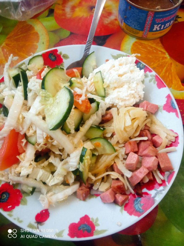 Pasta Salad With Diced Sausages And Cottage Cheese