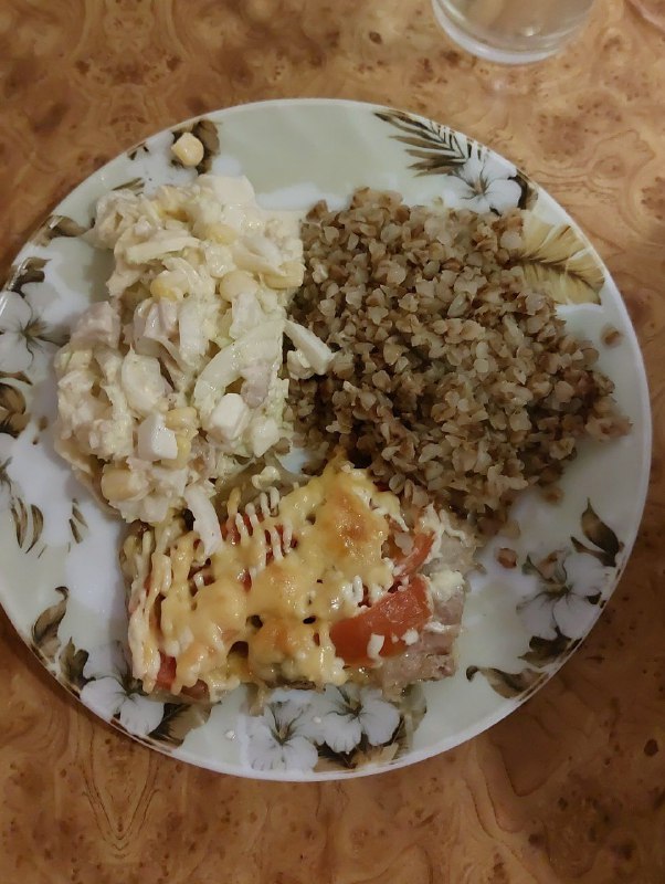 Pasta Salad With Buckwheat Groats And Baked Chicken With Cheese And Tomato Topping