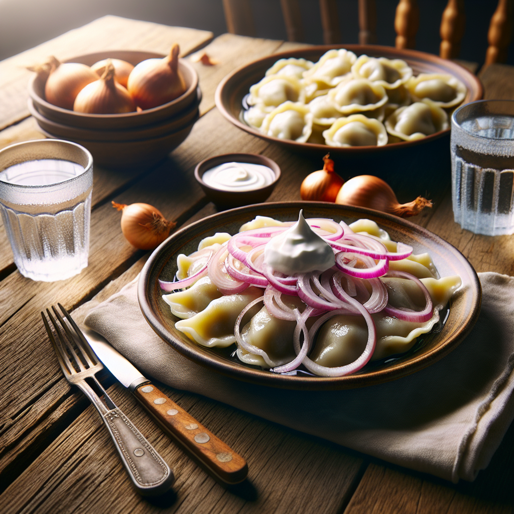 Vareniki (dumplings) With Onion And Sour Cream + 2 Glasses Of Water