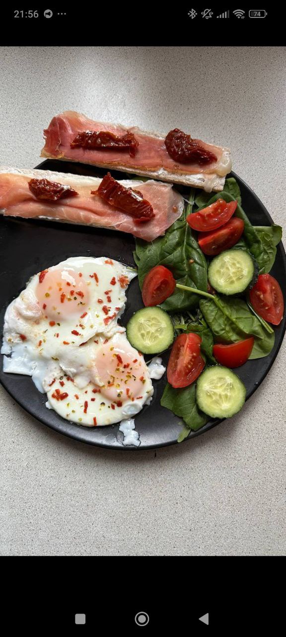 Breakfast Plate With Toast, Prosciutto, Sun-dried Tomatoes, Fried Eggs, And Salad