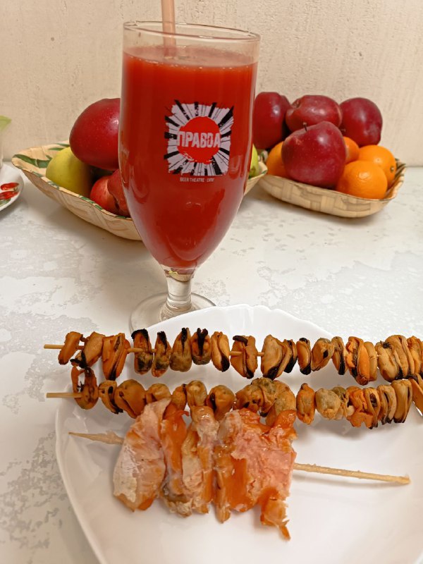 Seafood And Mussels Kebabs With Tomato Juice