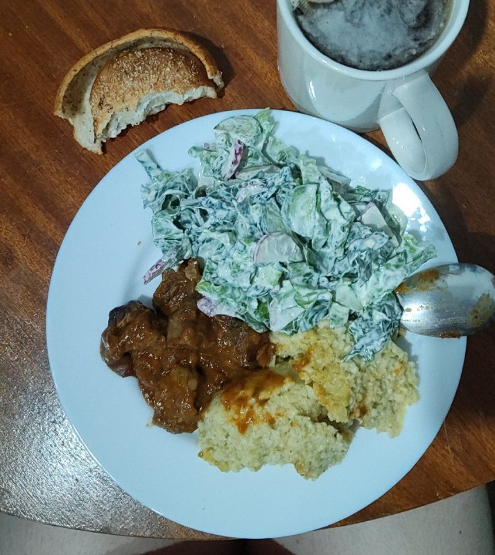 Beef Stew, Couscous, Creamy Salad, Bread, And Coffee