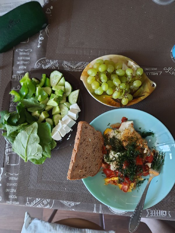 Veggie Scramble With Salad, Cheese, Whole Grain Bread, And Grapes