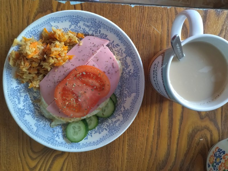 Open-faced Sandwich With Rice Salad And A Mug Of Tea Or Coffee