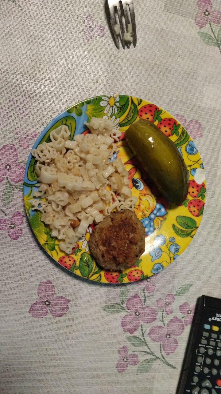 Mixed Meal (pasta, Meat Patty, Pickle)