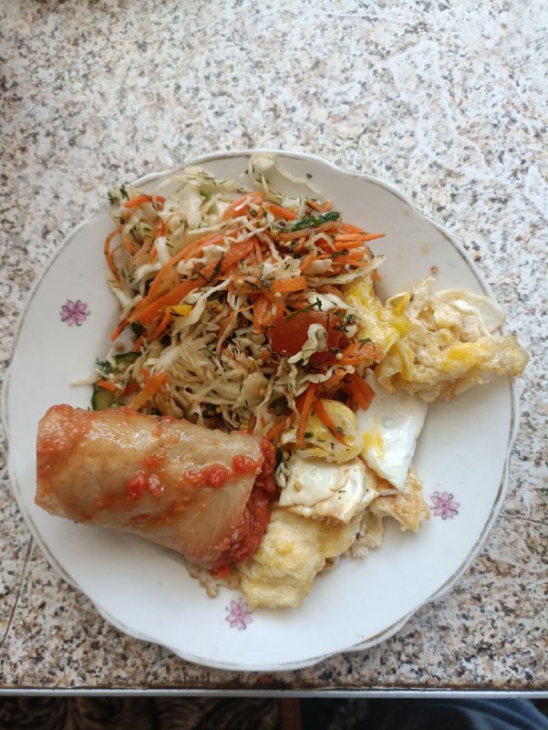 Stuffed Cabbage Roll With Salad And Scrambled Eggs