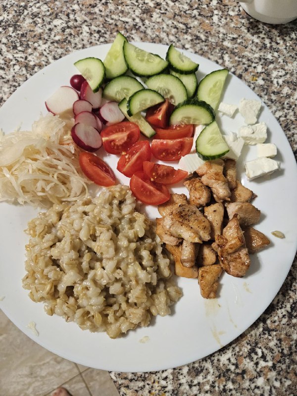 Homemade Meal With Risotto, Grilled Chicken, Fresh Vegetables, Feta Cheese, Sauerkraut