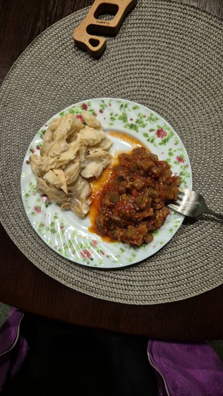 Baked perch and blue canned vegetables