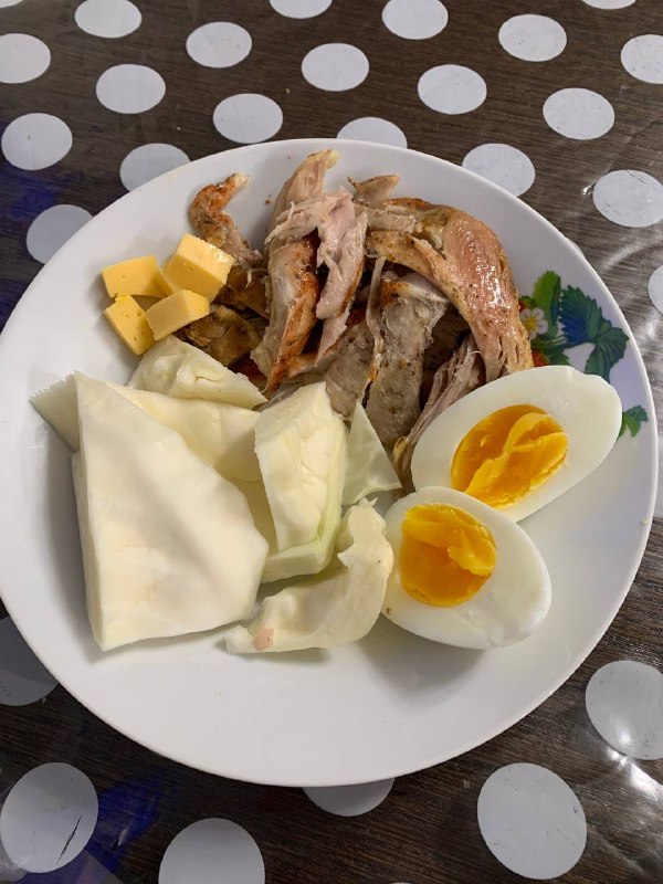 Mixed Plate With Roast Chicken, Hard-boiled Eggs, Cheese, And Cabbage