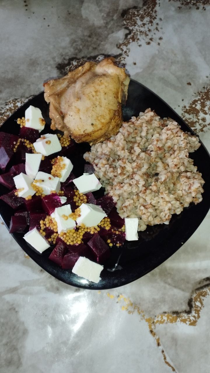 Roasted Chicken Leg With Buckwheat, Beetroot Salad With Feta Cheese And Grain Mustard