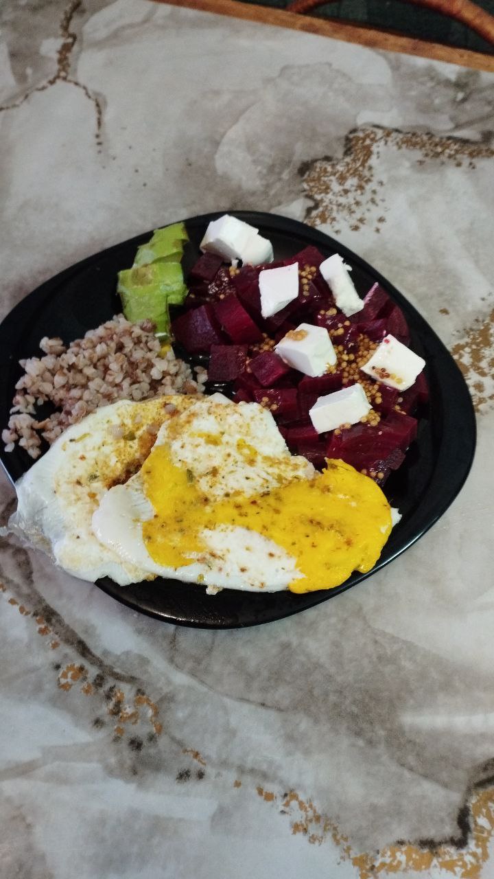 Buckwheat, Beet, And Egg Bowl With Avocado And Feta Cheese