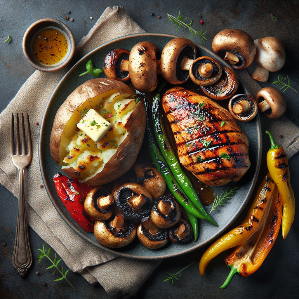 Baked Potato, Grilled Mushrooms, Grilled Bell Pepper, And Baked Chicken Thigh