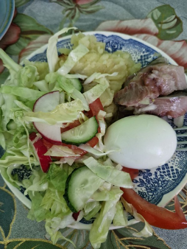Mixed Plate With Salad, Boiled Egg, Mashed Potatoes, And A Piece Of Meat