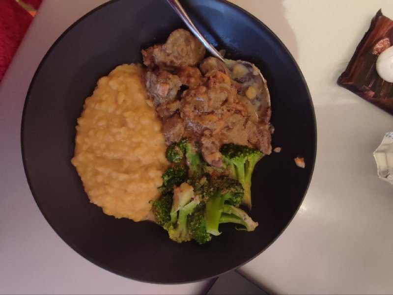 Beef Stroganoff, Mashed Potatoes, And Steamed Broccoli