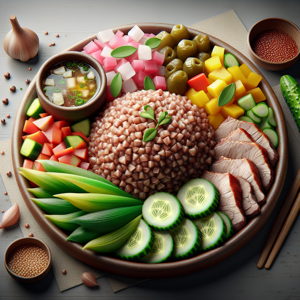Buckwheat Porridge With Vegetables, Boiled Pork, And Pickled Cucumber