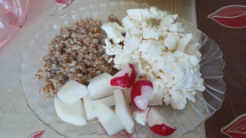 Plate With Buckwheat, Cottage Cheese, And Radishes