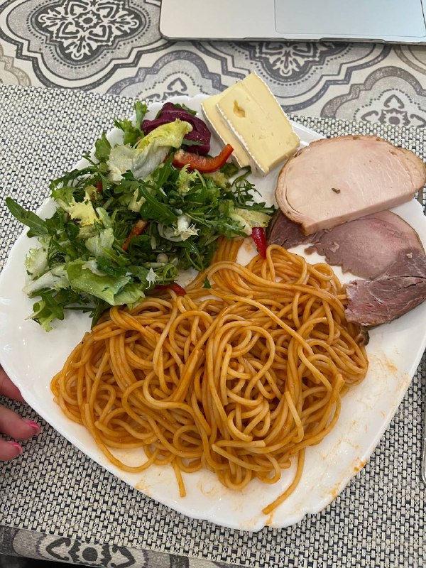 Home-prepared Meal With Pasta, Roasted Turkey, Green Salad, And Cheese