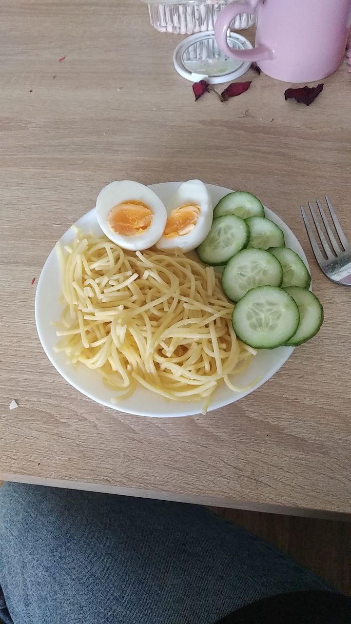 Pasta With Boiled Eggs And Cucumber