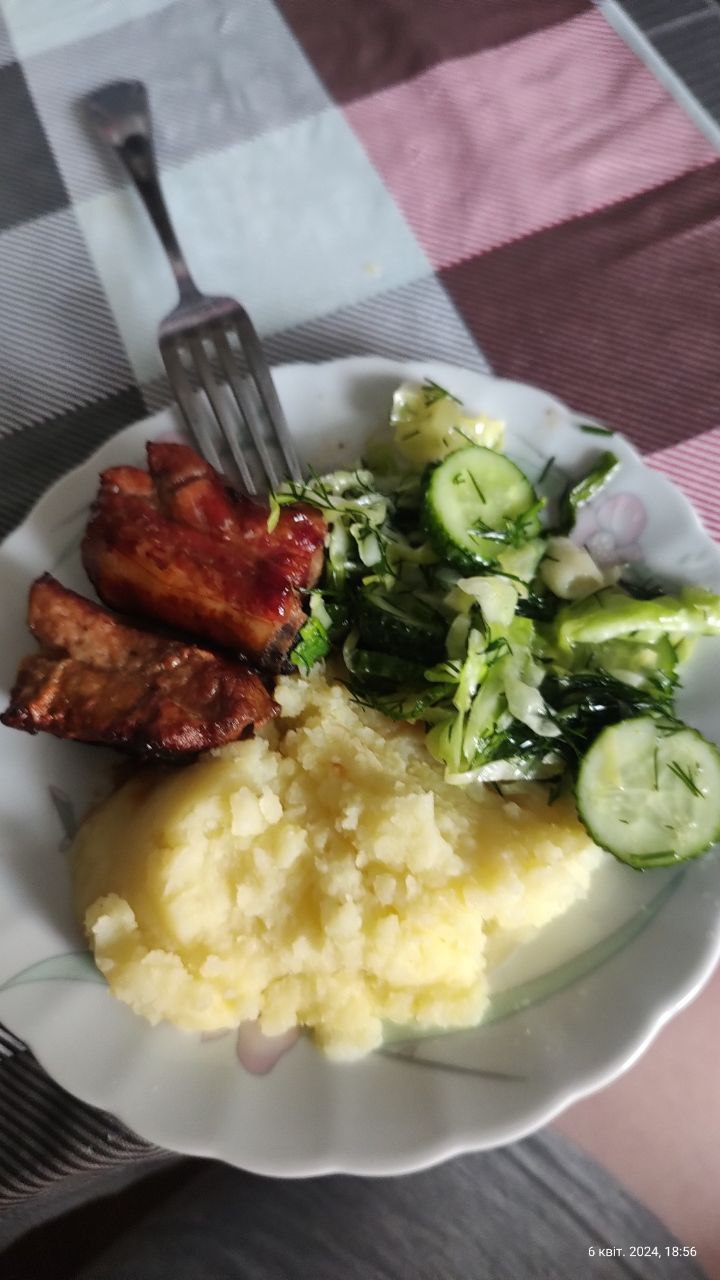 Grilled Or Fried Pork With Mashed Potatoes And Cucumber Salad