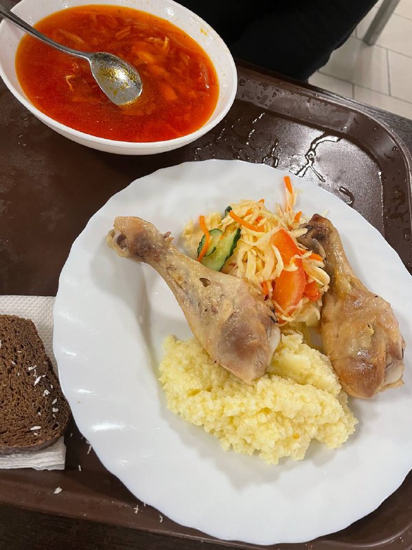 Chicken Drumsticks With Couscous, Salad, Borscht Soup, And Brown Bread