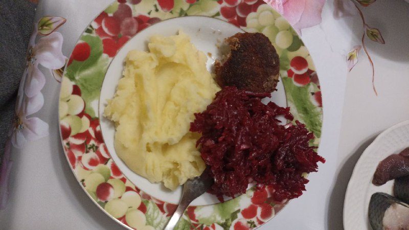 Plate With Mashed Potatoes, Meatball, And Grated Beetroot Salad