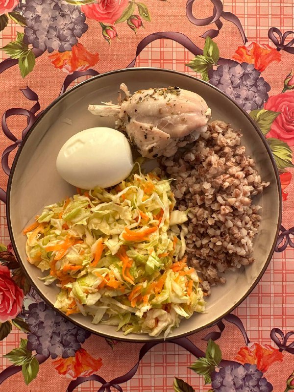 Balanced Meal Plate With Chicken, Buckwheat, Boiled Egg, And Salad