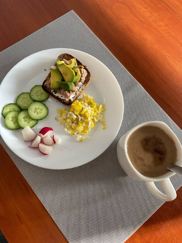 Tuna Avocado Toast With Egg, Radishes, Cucumber, And Coffee