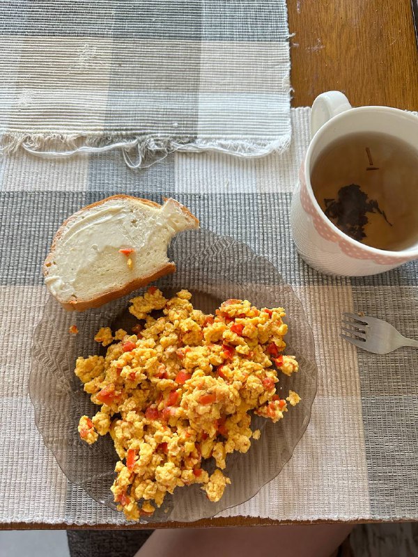 Scrambled Eggs with Vegetables and Toast with Spread