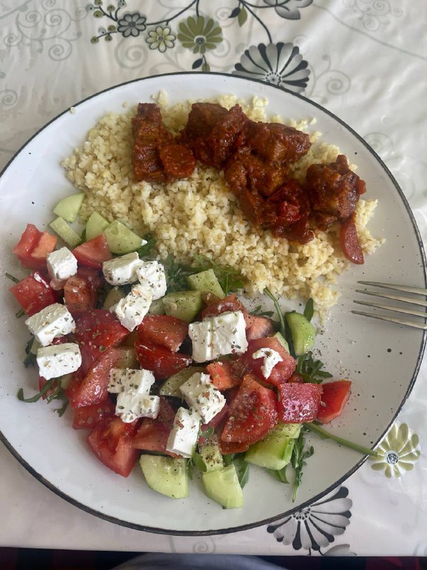 Stewed Meat With Couscous And Greek Salad