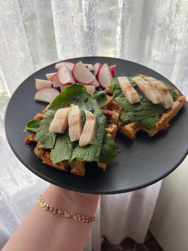Open-faced Chicken Sandwich With Leafy Greens And A Side Of Radish Slices, Modified To Include Оселедець And Сирні Вафлі