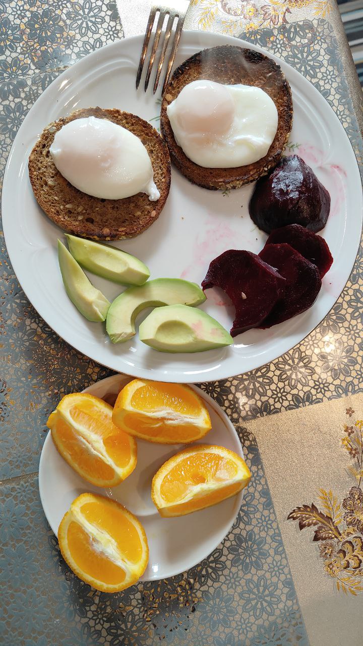 Poached Eggs On Whole Grain Toast With Avocado, Beets, And Orange Slices