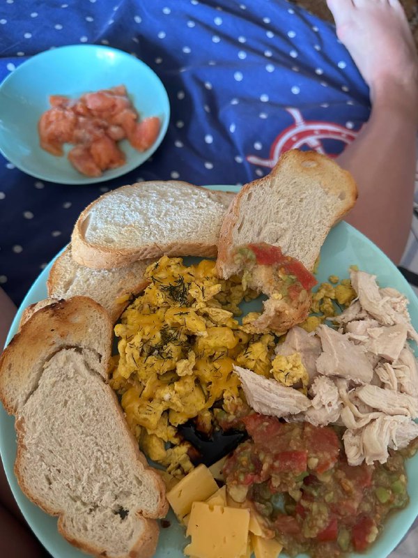 Scrambled Eggs Plate With Toast, Chicken, Cheese, Salsa, And Tomato Dish