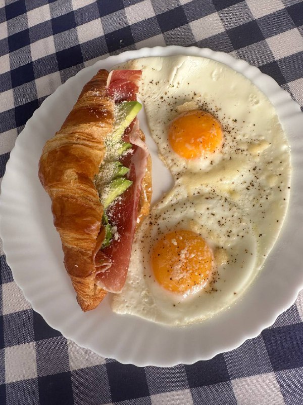 Croissant With Prosciutto And Avocado, Fried Eggs