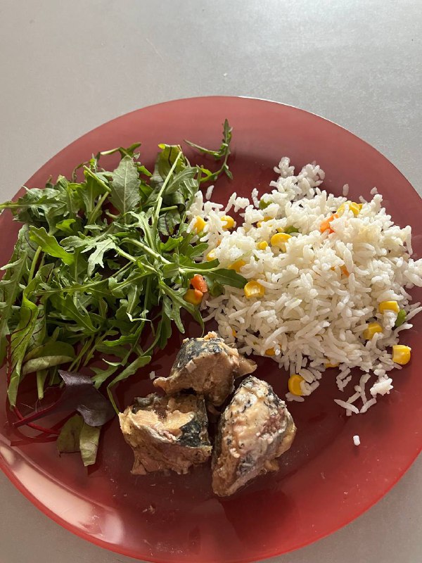 White Rice With Mixed Vegetables, Mixed Greens Salad, And Fish Pieces