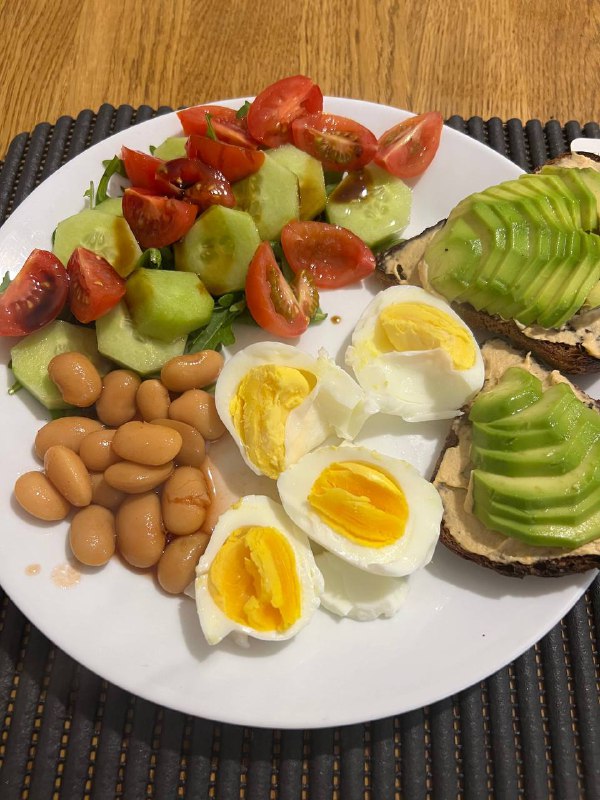Avocado Toast With Boiled Eggs, Beans, And Salad