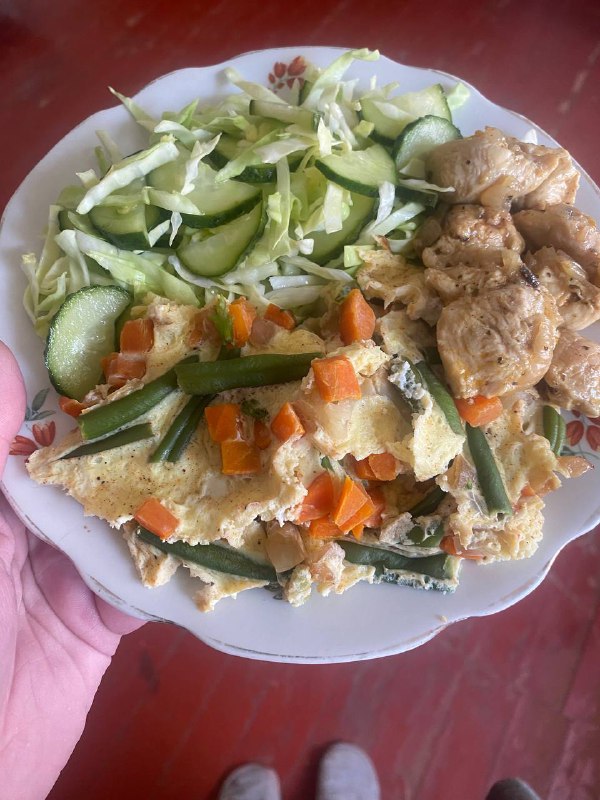 Homemade Meal With Frittata, Sautéed Chicken, And Salad