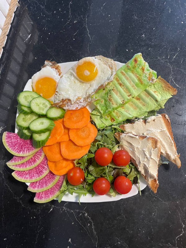 Breakfast Platter With Eggs, Avocado Toast, And Vegetables