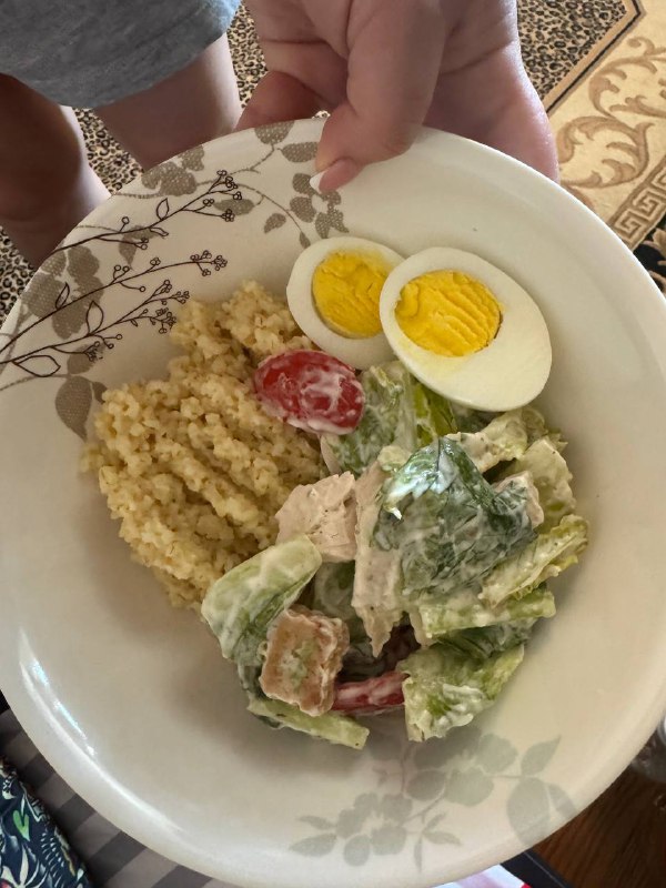 Hard-boiled Eggs, Rice Pilaf, And Chicken Salad With Lettuce And Tomatoes