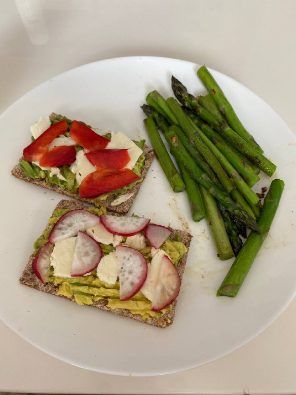 Avocado Toast With Feta, Vegetables And Grilled Asparagus