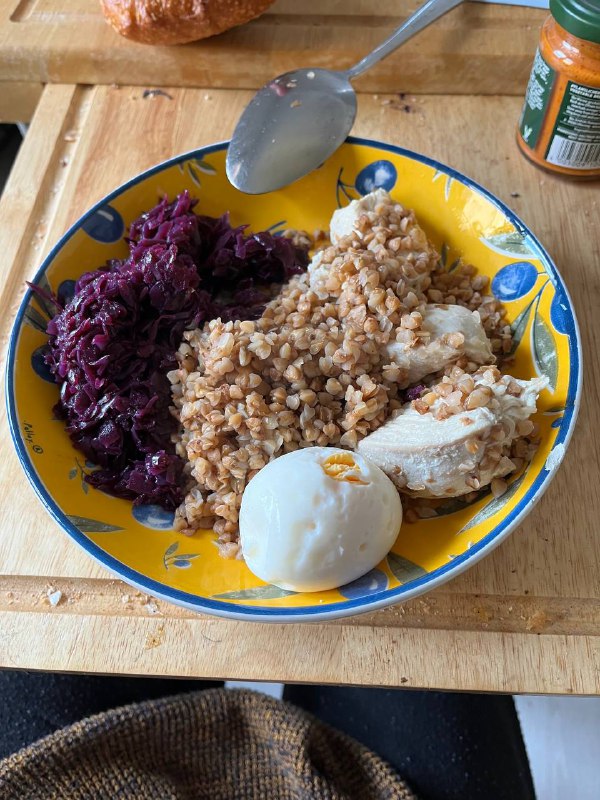 Balanced Meal With Chicken, Buckwheat Groats, Red Cabbage Salad, And Boiled Egg
