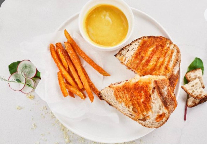 Grilled Cheese Sandwich With Sweet Potato Fries And A Side Of Soup