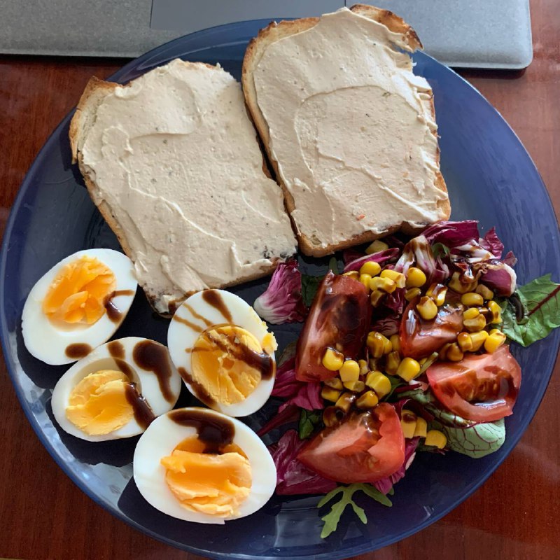 Hummus Toast With Salad And Boiled Eggs