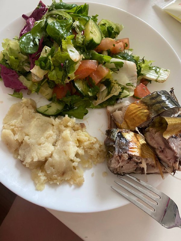 Mixed Fish Meal With Mashed Potatoes And Green Salad