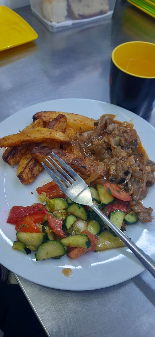 Beef Stroganoff With Roasted Potatoes And Cucumber Tomato Salad